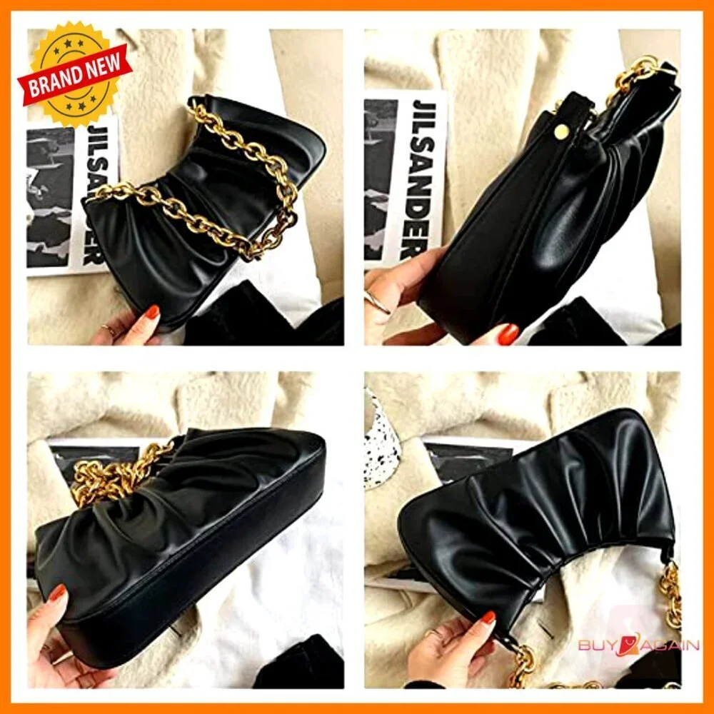 Small Leather Shoulder Bag with Gold Chain, Evening Clutch Purse